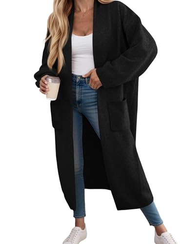 Fisoew Strickjacke Damen Lang Cardigan Langarm Oversized Strickmantel Open Front Sweater Jacke mit Taschen,Schwarz,XL