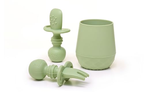 Image of Tooshka® Baby Utensil Set (3 pcs) - Self Feeding Spoons and Tiny Cup - Silicone & BPA Free - Baby-Led Weaning (BLW) Supplies - Ages 6+ Months - Green Baby Cup & Utensils