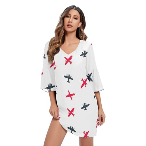 Robe imprimée hawaïenne blanche coupe en A à motif avion mignon pour femme