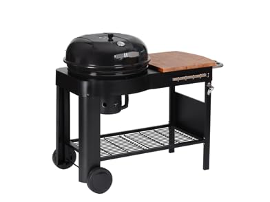 Tarrington House Calgary grill na węgiel drzewny, powierzchnia grillowania Ø 54 cm, półka boczna i dolna, na kółkach, stal / drewno eukaliptusowe, czarny - BBQ