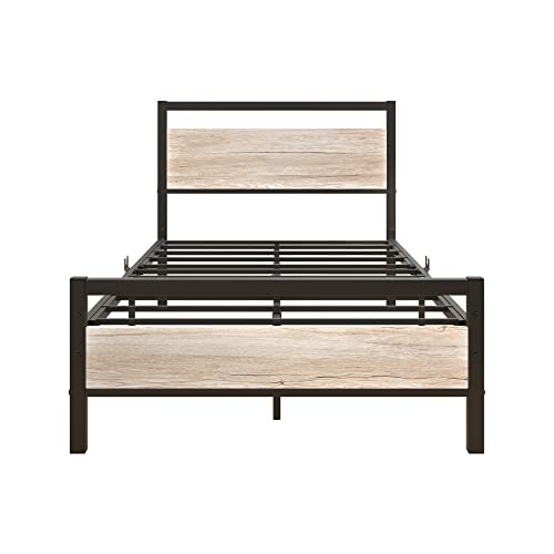 Image of HOJINLINERO Twin Bed Frames with Wood Headboard,Metal Twin Platform Bed Frame No Box Spring Needed,Heavy Duty Steel Slats,No Noise,Black and Teak Oak
