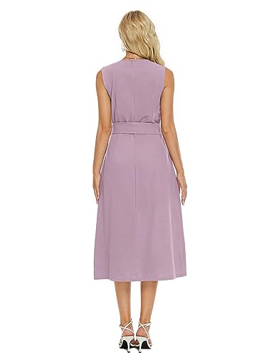 Image of Ladyful Women's Sleeveless Cotton Linen Midi Dress V Neck A Line Tank Dress