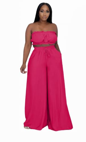 Image of Two Piece Sets for Women Summer Outfits Crop Tops and Wide Leg Pants Sets Sexy Jumpsuits Vacation Outfits with Pockets