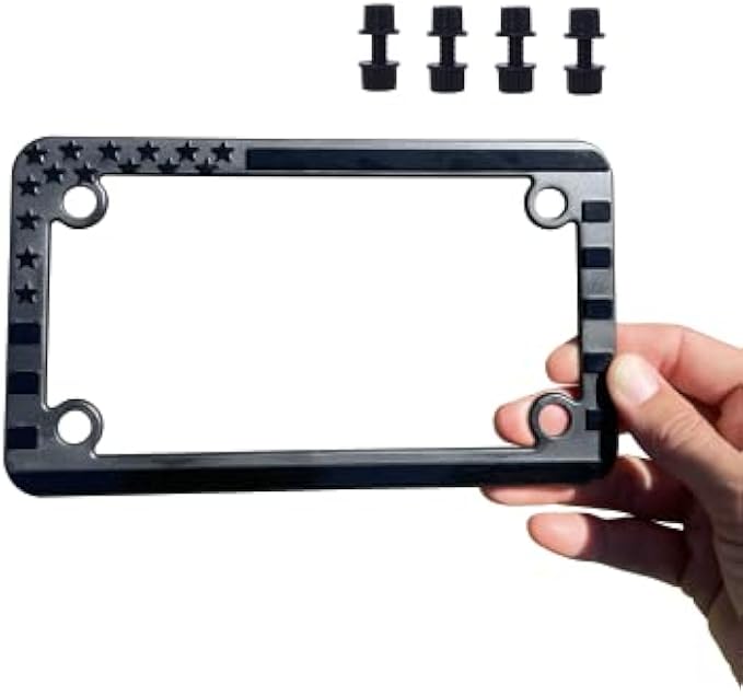 Motorcycle American Flag License Plate Frame - Subdued 3D Embossed USA Flag in Gloss on Matte Black Finish for Motorcycle, Harley