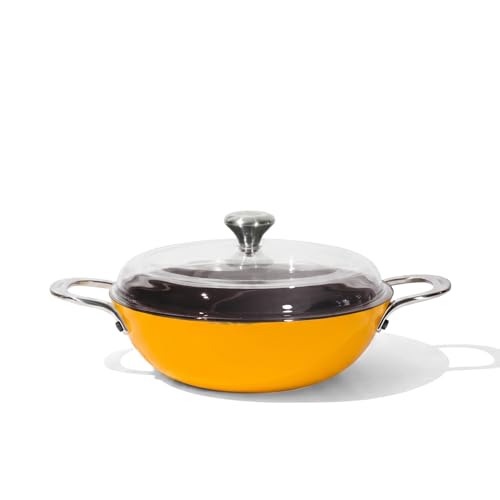 Image of CUMIN CO. Enamel Cast Iron Kadai LITE with Lid | 4L, 28 cm |5 Years Warranty | Non Toxic Heavy Bottom Kadhai for Frying | Induction & Gas Compatible | Chemical Free Coating | Mustard