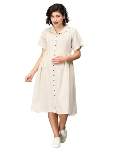 Image of The Mom Store Maternity & Nursing Midi Dress for Women | Pregnancy & Postpartum Wear | Cotton Flex Dress for New Mom | Trendy Stylish Comfortable Feeding Dress for Womens | Causal Office Formal Wear