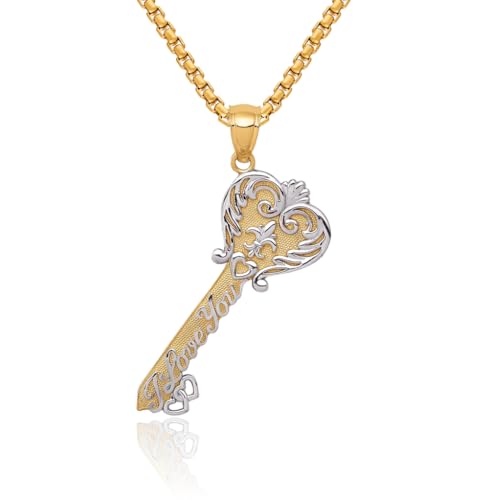 IceCarats 14K Solid Two Tone Yellow White Gold I Love You Antique Filigree Heart Key Necklace Chain Pendant Charm