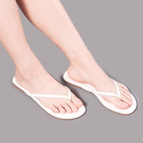 FITORY Women's Leather Flip Flops,Comfortable Open Toe Thong, Ladies Elegant Slim Flats sandals with Gloss Design for Summer Beach Pool,Yoga Sling Footbed Light White UK Size 6 - Image 5