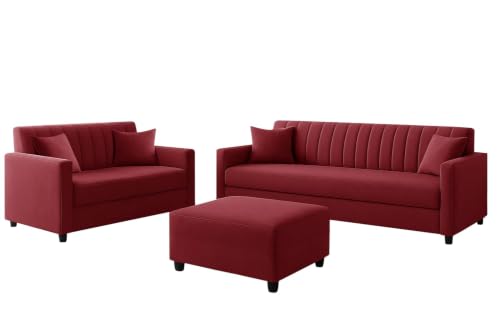 Image of 3+2 Fabric Sofa Set with Ottoman for Living Room | Modern Upholstered 5-Seater Couch | Soft Cushion, Premium Velvet Fabric - Red Color