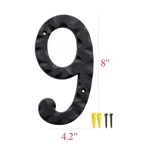 Image of NACH House Numbers for Outside, 8 inch Black Address Numbers for House - Number 9 - Rustic Numbers for Outside with Mounting Hardware
