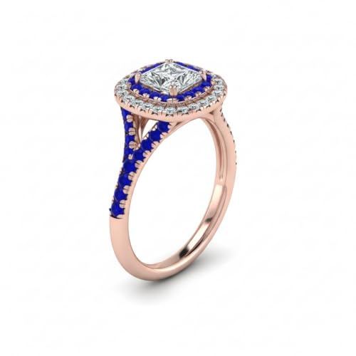 Image of Choose Your Gemstone Delicate Double Halo Diamond CZ Ring Rose Gold Plated Princess Shape Halo Engagement Rings Matching Jewelry Wedding Jewelry Easy to Wear Gifts US Size 4 to 12