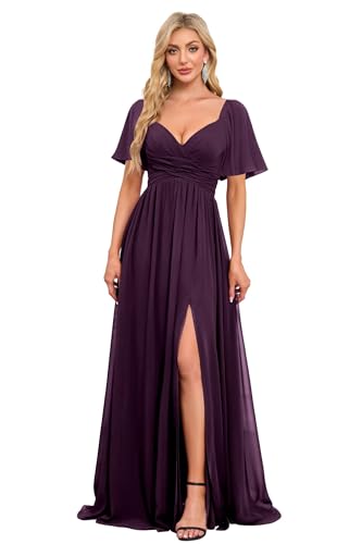 Image of Women's Flutter Sleeves Chiffon Bridesmaid Dresses with Slit Long A Line V-Neck Formal Party Dress with Pockets