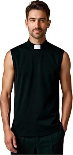 Clergy Shirts for Men Sleeveless Priest Shirt and Clergy Tab Collar Minister Priest Outfit Priest Costume Shirt Tops Black