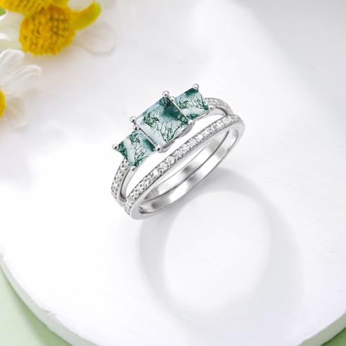 3 Stone Princess Cut Natural Moss Agate Ring Set for Women 1-1/2 Carat(ctw) Green Natural Moss Agate Wedding Ring Set Bridal Ring Set 925 Sterling Silver 10K 14K 18K Gold3