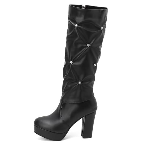 SoundSky Women's Fold Over Knee High Boots Slouchy Rhinestone Boots Side Zipper Chunky Platform High Heel Boots2