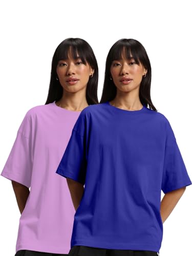 Image of JUNEBERRY Pure Cotton Drop Shoulder Oversized Baggy Fit Half Sleeve Plain Solid Round Neck Multicolor T-Shirt for Women & Girls (Pack of 2) (Sizes S-2XL)