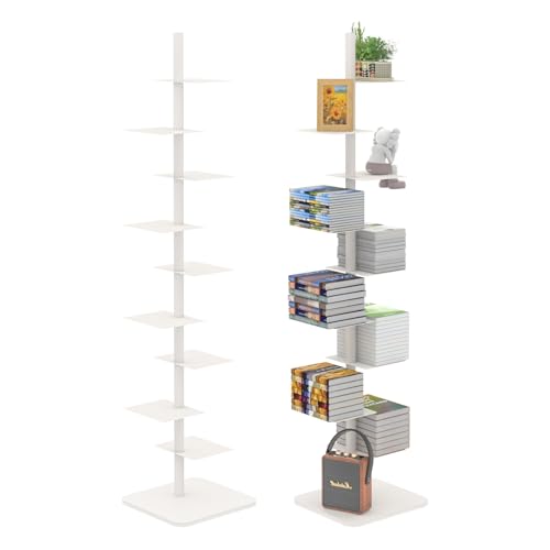 Choowin 9-Shelf Metal Spine Bookshelf Vertical Bookshelf, Adjustable Modern Floating Narrow Tree Book Shelf Book Tower, Display Shelf for Bedroom Living Room Office, 70 inch Tall, White