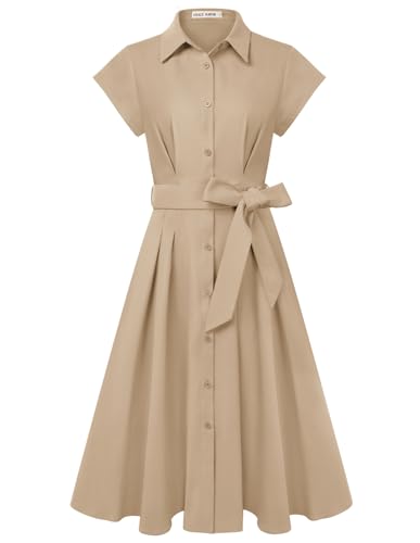 Damen Sommer Kurzarm Reverskragen Knöpfen Taillengürtel Kleid Elegant A-Linie Midi Blusenkleid mit Taschen Khaki L