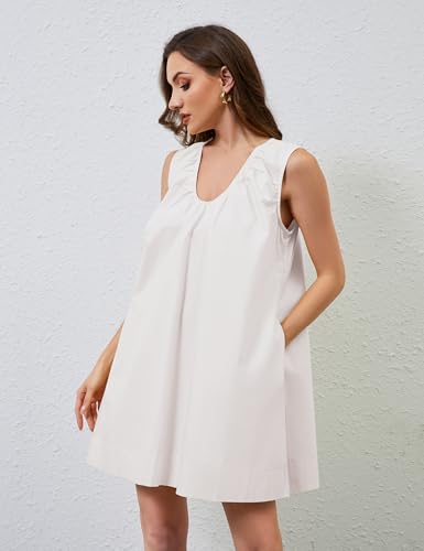 Image of OLAPTA Women Summer Sleeveless Babydoll Mini Tank Dresses Loose Fit Scoop Neck Ruched Short Dress with Pockets Party Clubwear