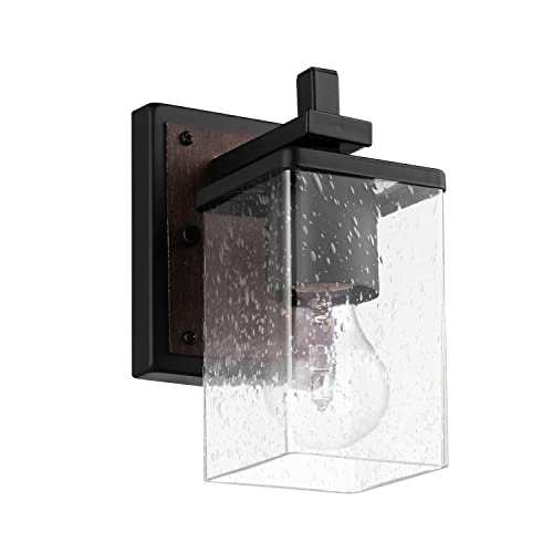 Image of Globe Electric 51675 Dakota 1-Light Vanity Light, Matte Black, Dark Faux Wood Accents, Clear Seeded Glass Shade