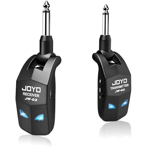 JOYO 2.4GHz Wireless Guitar System Rechargeable Transmitter and Receiver 4 Selectable Channels, 5ms Low Latency, 65ft Range, Up to 8 Hour Battery for Electric Guitar, Bass & Acoustic (JW-03)