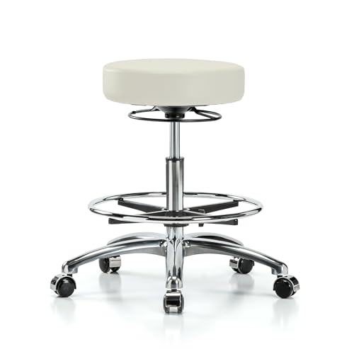 Image of Perch Chrome 360 Degree Height Adjustable Swivel Stool with Foot Ring | Medium Bench Height 20.5-28 inch | Off-White Vinyl