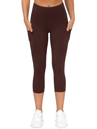 Image of THE GYM PEOPLE Thick High Waist Capris Yoga Pants with Pockets, Tummy Control Workout Running Yoga Leggings for Women