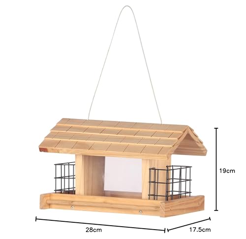 Dehner Natura Premium Wildvogel Futterhaus Aosta, Futterstation für Wildvögel, Vogelhaus robust / hängend, inkl. Aufhängevorrichtung, ca. 17.5 x 19 x 28 cm, aus FSC-zertifiziertem Kiefernholz, braun