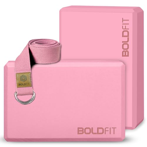 Boldfit Yoga Blocks Set of 2 with Belt, High Density Foam Bricks for Stretching, Balancing, Premium Accessories for Women & Men, Equipment with Strap, Pink