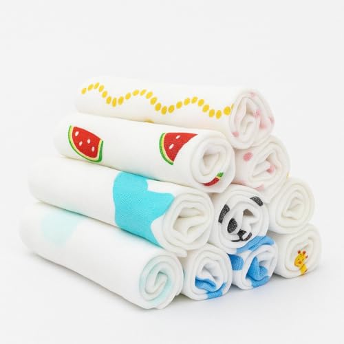 linenaffairs Muslin Baby Washcloths for Newborn – 12x12 Inches Ultra-Soft & Gentle Face Towels – Reusable, Washable Baby Wipes for Sensitive Skin – Unisex – Pack of 10 (Cute Random Prints)