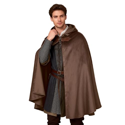 HAPNBCELE Adults Medieval Cloak with Hood Renaissance Cape Costume Halloween Wizard Cosplay LARP Renaissance Fair RPG Party (Brown 39.3/100cm)