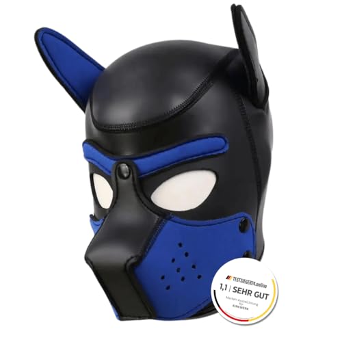 KINKWERK Hundemaske aus Neopren für Petplay, Cosplay, Puppy Play und Party | Weiche und dehnbare Puppy Maske mit Welpenohren (Blau, L)
