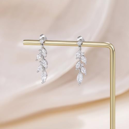 EAMTI Marquise Wedding Earrings for Brides Bridesmaid Cubic Zirconia Leaf Dangle Sterling Silver Posts Earrings for Women4