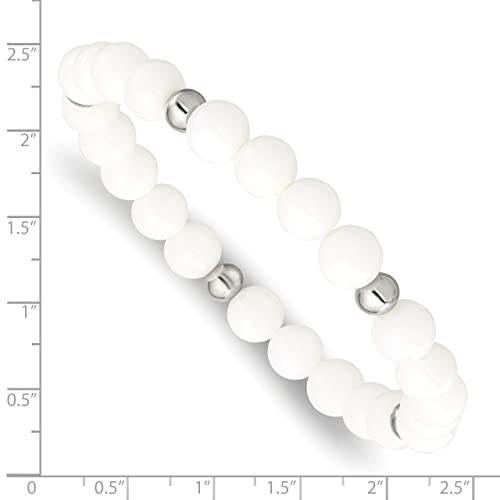 Lex & Lu Stainless Steel Polished White Ceramic Beaded Stretch Bracelet3