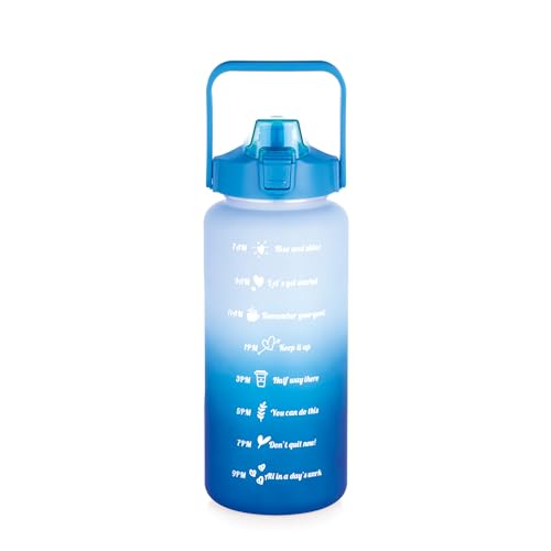 Image of ATTRO Motivational 2 Liter Quotes & Time Marker Dual Colour Sports Bottle With Easy to Carry Handle & Straw BPA Free, Leak Proof for Gym, Office, Workout- Blue Sky Blue, Plastic