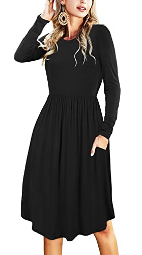 Women Fall Knit Long Sleeve Midi Teacher Work Casual Funeral Dress Solid Black M #TOP13