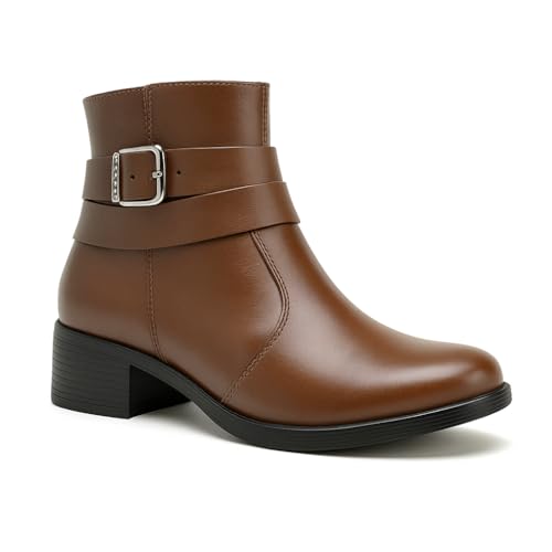 Qual a Melhor Bota Feminina de 2025? Melhores Ranking 13 Bota Feminina Ankle Boot em Couro, Salto Baixo, Fivela Decorativa, Sola Antiderrapante (Marrom, BR, Adulto, Numérico, 37)