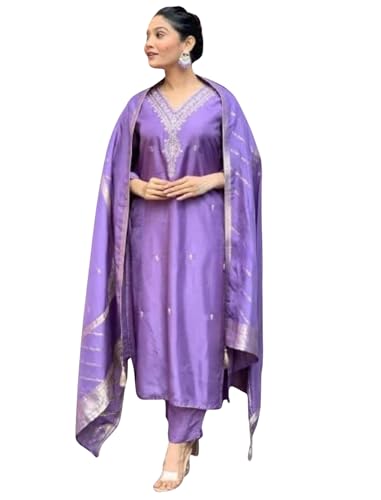 Image of ROYALICA Women's Kurta, Pant & Dupatta Set in Viscose Chanderi & Jute Silk, Ankle Length, 3 /4 Sleeve