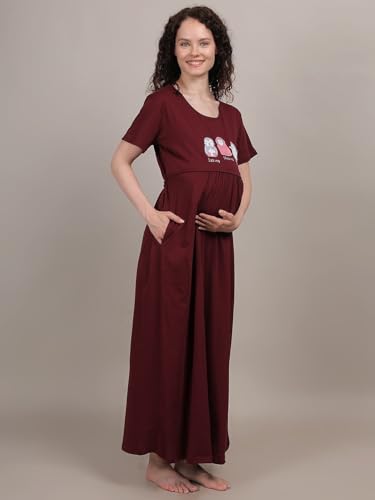 Image of Fabme Women's Full Length Printed Pre and Post Pregnancy Pure Cotton Nursing Nightdress Nighty