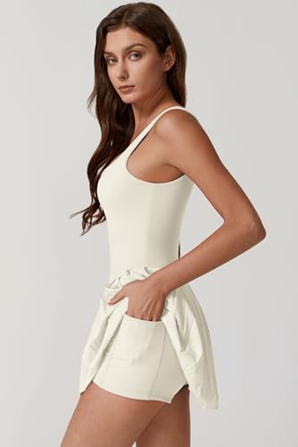 Image of QINSEN Womens Square Neck Tennis Dress Pleated Sleeveless Built in Shorts Golf Athletic Dress with Pockets
