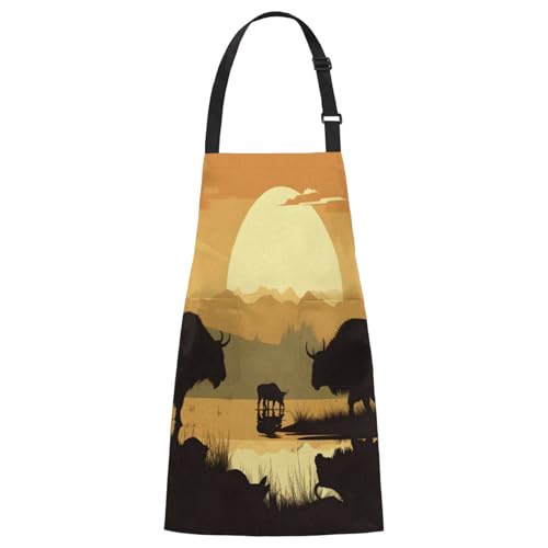Aglebo Sunset River Cow Chef Apron with Pockets Adjustable Shoulder Strap Waterproof Cooking Apron for Kitchen Baking Gardening Pottery Painting