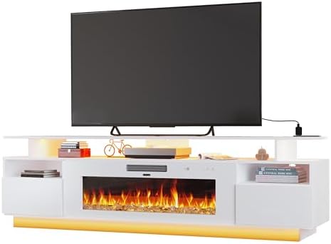 70" Fireplace TV Stand with 36" Electric Fireplace Entertainment Center with Charging Station and LED Light Console Table for Television up to 80 inch with Storage for Living Room - Thumbnail 3