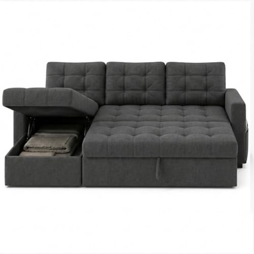 Image of CASASTYLE Sumur 5 Seater LHS L Shape Sofa with Pull Out Bed, Storage Lounger & Suri Pouf Ottoman | Soft Velvet Suede Fabric | Comfort Cushions | Ideal for Living Room, Hotel & Office (Dark Grey)