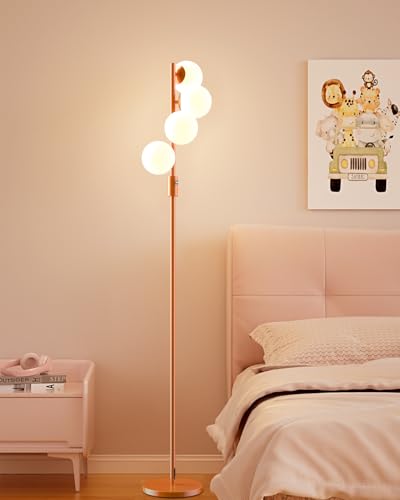Image of Mid Century Modern 4 Globe Orange Floor Lamp Dimmable Standing Lamp with 3000K Warm White Bulbs Included, Tall Ambient Floor Lamp for Living Room Bedroom Home Office Sofa Beside Corner Decor