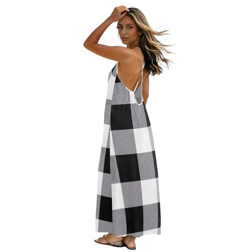 Robe longue d'été à bretelles motif écossais noir et blanc aux finitions soignées