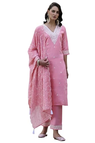 Image of VredeVogel Women's Silk Blend Kurta Pant Set with Chanderi Embroidery Work Dupatta