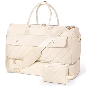 Wedama Travel Duffel Bag, Large Weekender Bag for Women with Shoe Compartment, Carry on Overnight Bag with Toiletry Makeup Bag, Gym Duffel Bag Travel Tote Bag for Travel Gym Camping Hospital, Beige