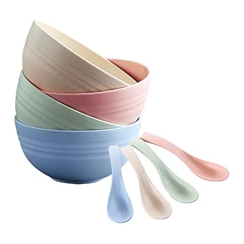 24 Ounce Cereal Bowls Set of 4,Dinner Sets(4Bowls+4Spoons),Microwave and Dishwasher Safe,Unbreakable Tableware Bowls for Salad,Soup,Noodle,Ramen,Pasta,Breakfast,Rice,Dessert,Sncak Cover