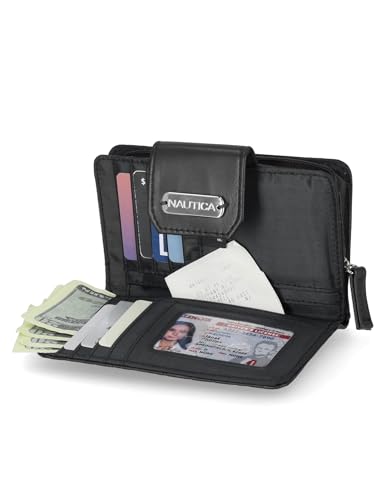 Image of Nautica Womens, Close Reach Vegan Leather RFID Wallet, Small Credit Card Holder Purse with Zipper Coin Pocket and ID Window in Black Embossed