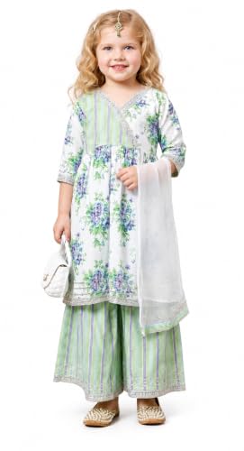 Image of A.T.U.N. (ALL THINGS UBER NICE) Girls 100% Cotton Printed Kurti, Sharara & Dupatta Set | Traditional Indian Clothing for Kids | Soft Breathable Fabric Comfortable Outfit Set